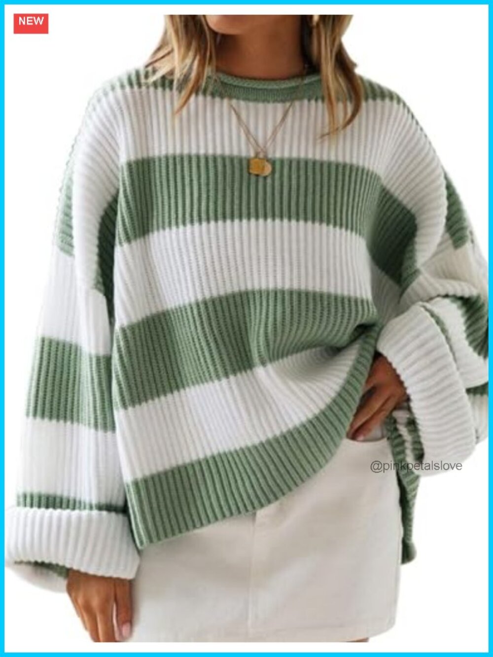 Oversized Striped Knit Sweater Pullover Crew Neck Long Sleeve